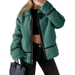 Women's Faux Fur Jacket Trendy Sherpa Moto Leather Patchwork Zip Up Army Green